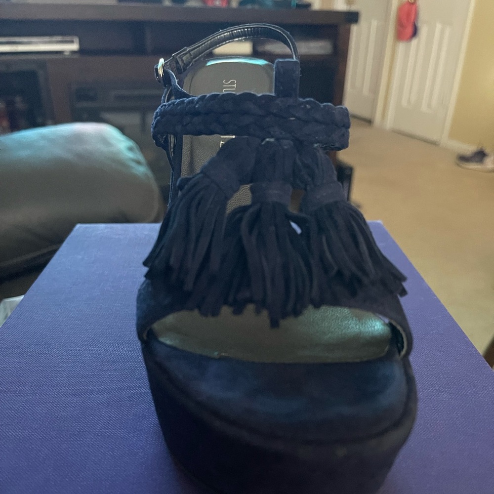 Navy Blue Suede Tasselmania Wedge Sandal-worn once